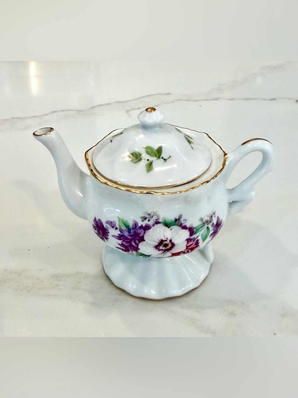 Vintage mini teapot floral design gold trimmed